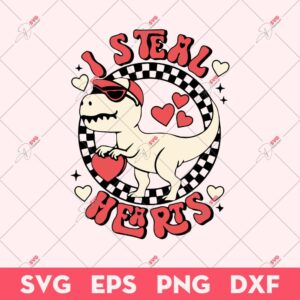 I Steal Hearts SVG, Retro Dinosaur Valentine SVG, Valentines Day SVG