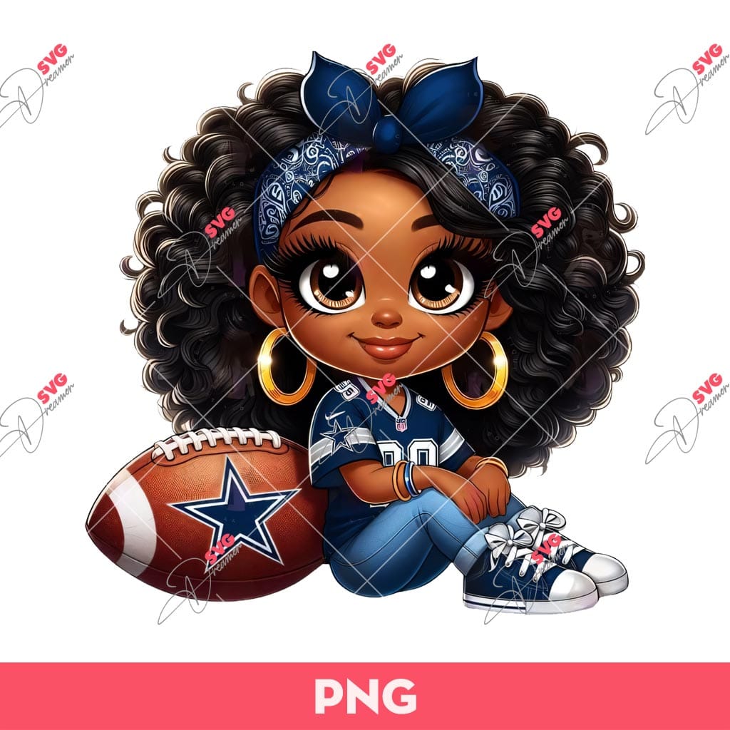 Bundle Cute Cartoon Girl Sport PNG, Bundle Cartoon Girl Fan Baseball Football Basketball, Bundle Cute Girl Sport (Over 50 Designs) 49 Cartoon African American Girl Football Fan Cowboys PNG, Curly Black Hair Girl Fan Dallas Cowboys PNG