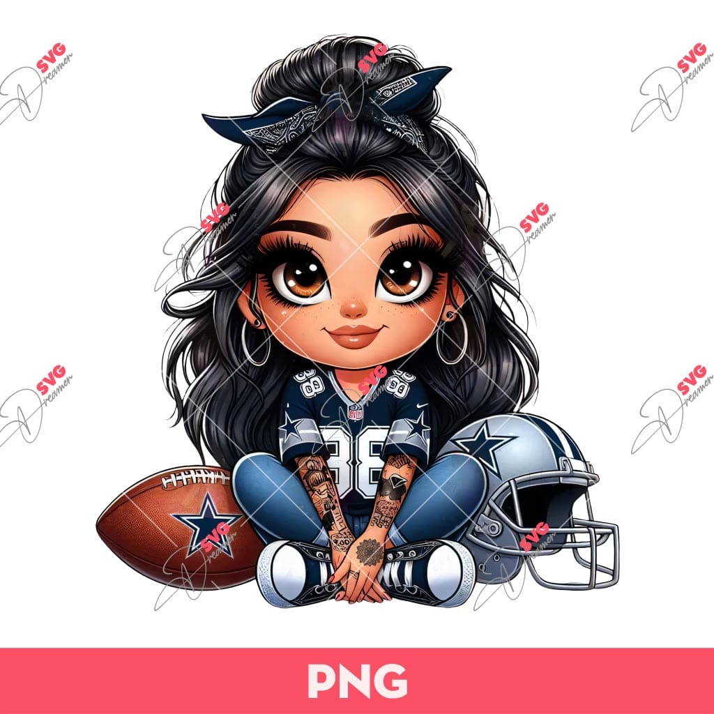 Cartoon Girl Football Fan Dallas Cowboys PNG, Black Hair Brown Eyes Messy Bun Tattoos Fan Cowbows PNG 1 Cartoon Girl Football Fan Dallas Cowboys PNG, Black Hair Brown Eyes Messy Bun Tattoos Fan Cowbows PNG