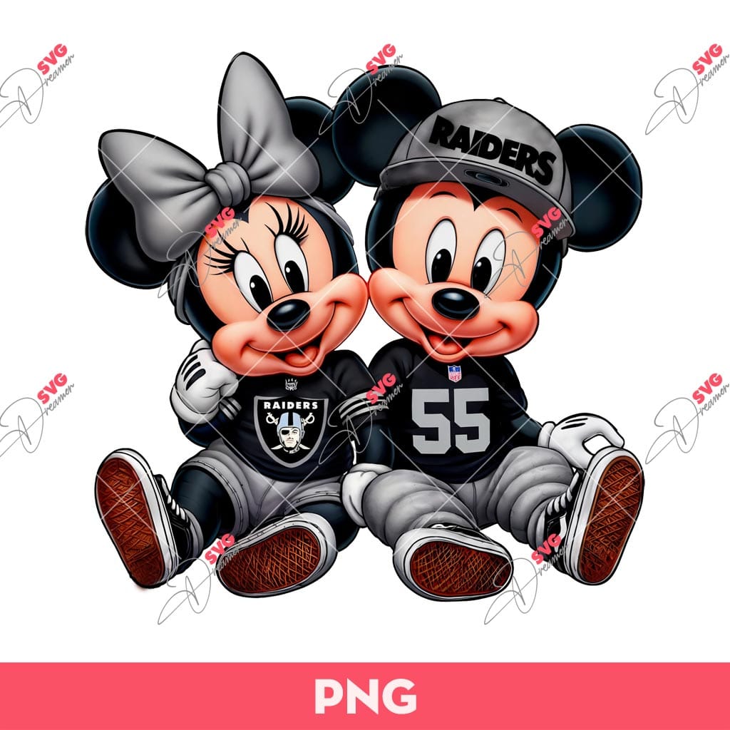 Bundle Mickey Minnie Sport Baseball Football Basketball PNG, Disney Mickey Minnie Sport Fans PNG (Over 40 Designs) 31 Mickey And Minnie Las Vegas Raiders Football PNG, Original Couple Mouse LV Raiders Design PNG