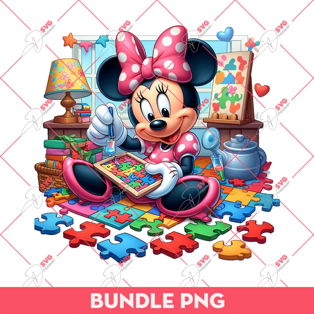 Minnie Mouse Autism PNG, Minnie With Puzzle Game PNG, Autism Awareness Disney Minnie PNG 3 2 1
