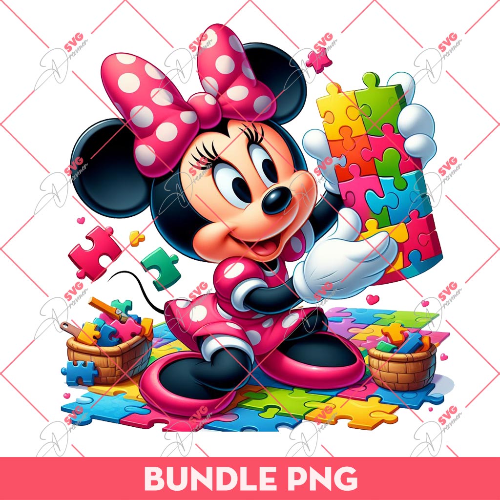 Minnie Mouse Autism PNG, Minnie With Puzzle Game PNG, Autism Awareness Disney Minnie PNG 4 3 1