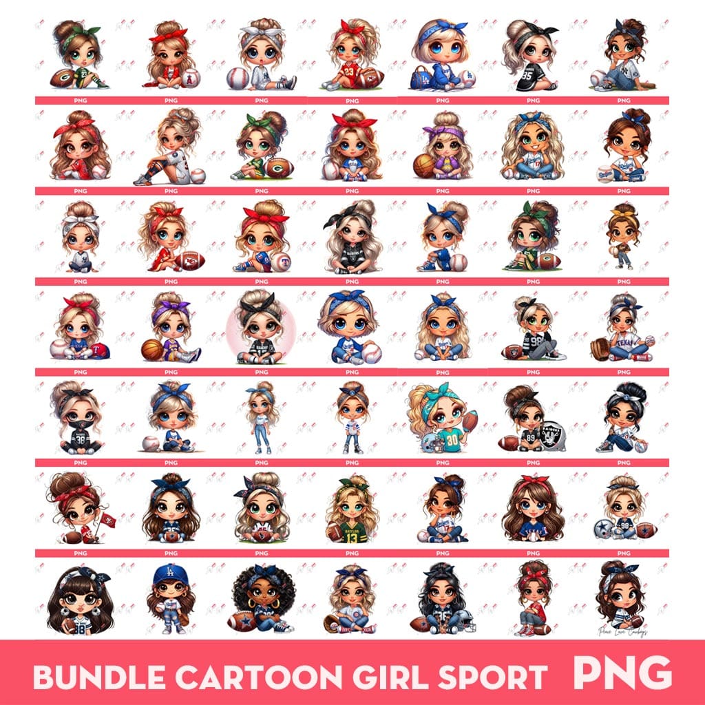 Bundle Cute Cartoon Girl Sport PNG, Bundle Cartoon Girl Fan Baseball Football Basketball, Bundle Cute Girl Sport (Over 50 Designs) 1 Bundle Cute Cartoon Girl Sport PNG, Bundle Cartoon Girl Fan Baseball Football Basketball, Bundle Cute Girl Sport (Over 50 Designs)