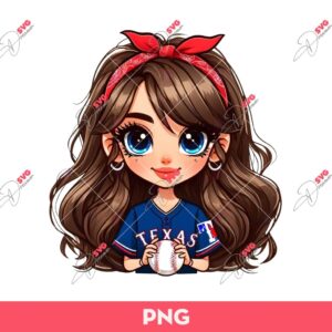 Cartoon Girl Baseball Fan Texas Rangers PNG, Cute Girl Texas Baseball PNG
