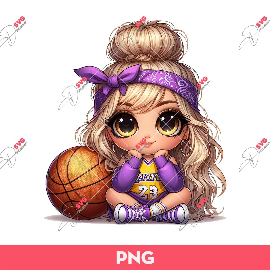 Bundle Cute Cartoon Girl Sport PNG, Bundle Cartoon Girl Fan Baseball Football Basketball, Bundle Cute Girl Sport (Over 50 Designs) 16 Cartoon Girl Basketball Fan LA Lakers PNG, Cute Little Girl Messy Bun Hair LA Lakers PNG