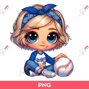 Cartoon Girl Short Hair Baseball Fan LA Dodgers PNG, Cute Little Girl Baseball PNG