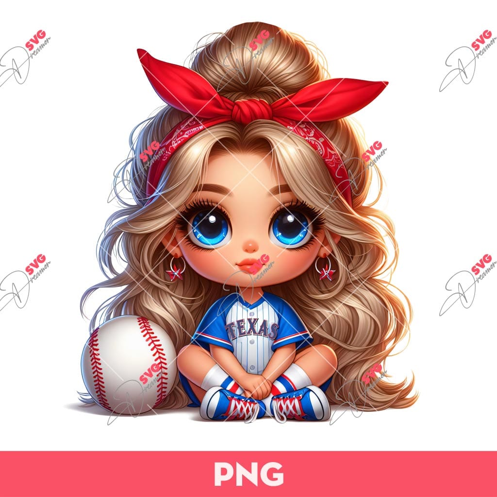 Bundle Cute Cartoon Girl Sport PNG, Bundle Cartoon Girl Fan Baseball Football Basketball, Bundle Cute Girl Sport (Over 50 Designs) 13 Cartoon Girl Texas Rangers Baseball PNG, Cute Little Girl Baseball PNG