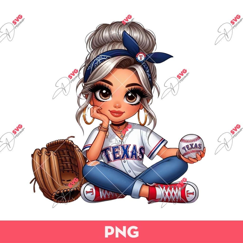 Bundle Cute Cartoon Girl Sport PNG, Bundle Cartoon Girl Fan Baseball Football Basketball, Bundle Cute Girl Sport (Over 50 Designs) 38 Cute Cartoon Girl Baseball Fan Rangers PNG, Silver Hair Hazel Eyes Messy Bun Baseball PNG