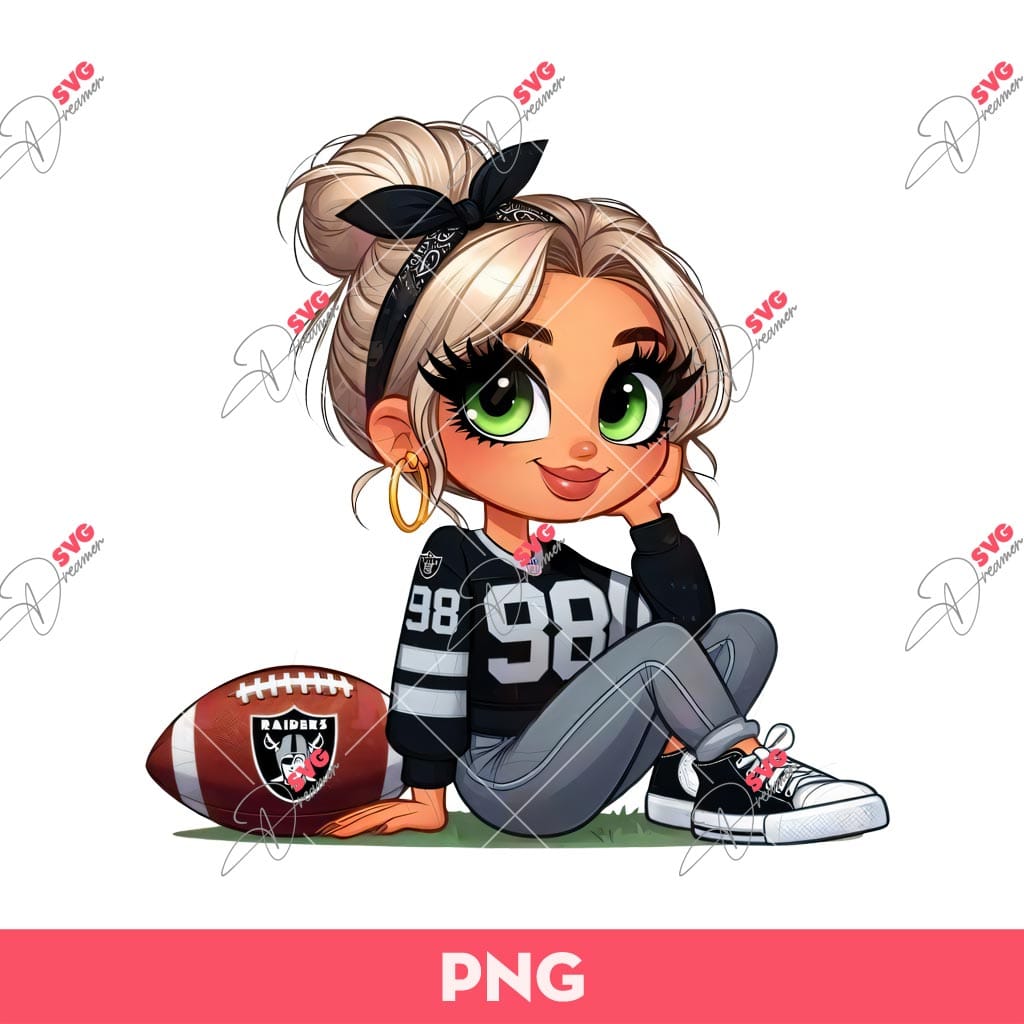 Bundle Cute Cartoon Girl Sport PNG, Bundle Cartoon Girl Fan Baseball Football Basketball, Bundle Cute Girl Sport (Over 50 Designs) 28 Cute Cartoon Girl Fan LV Raiders Football PNG, Las Vegas Raiders Girl PNG