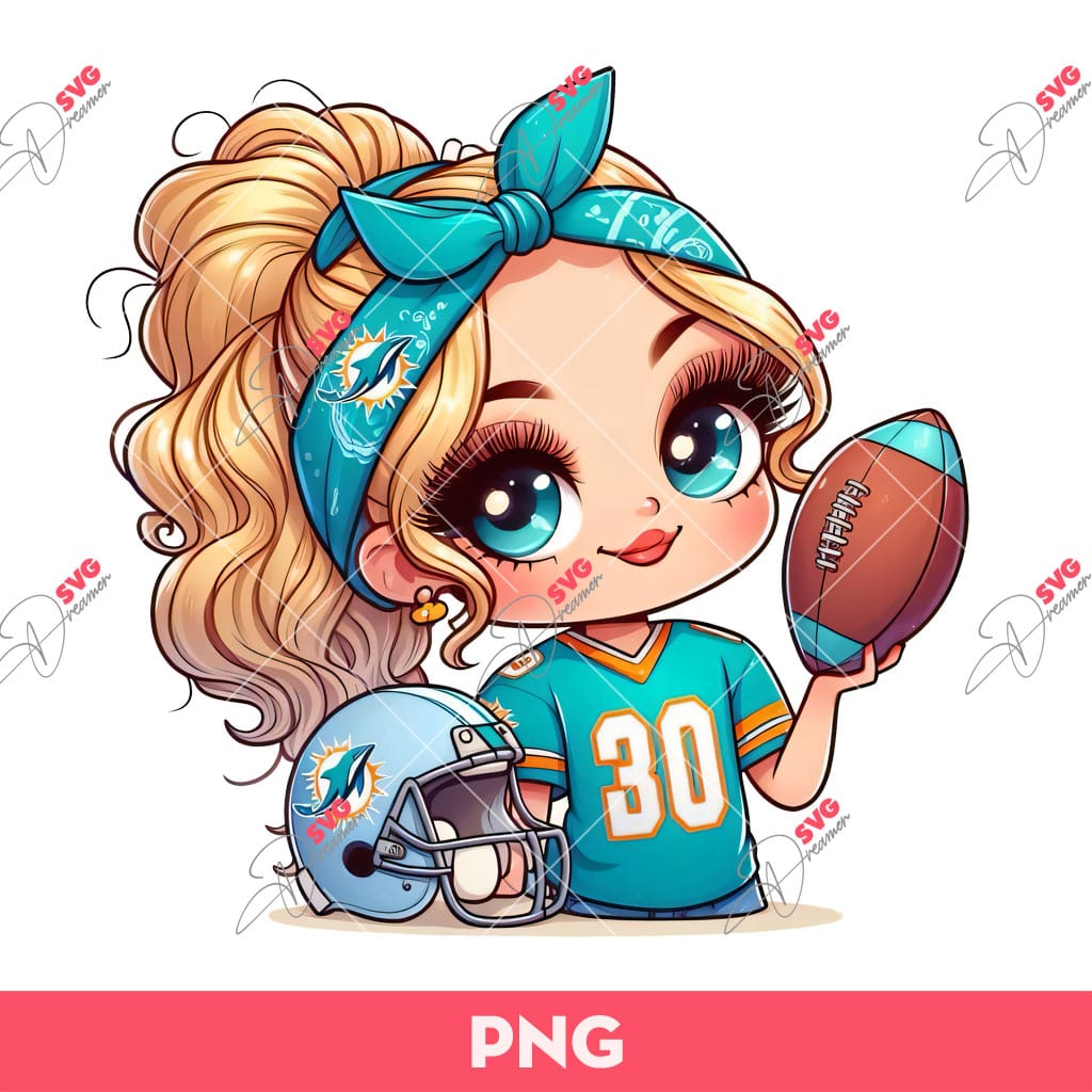 Bundle Cute Cartoon Girl Sport PNG, Bundle Cartoon Girl Fan Baseball Football Basketball, Bundle Cute Girl Sport (Over 50 Designs) 29 Cute Cartoon Girl Fan Miami Dolphins Football PNG, Miami Dolphins Girl PNG