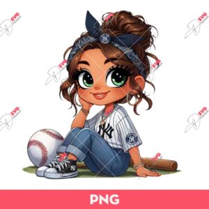 Cute Cartoon Girl Fan Yankees Baseball PNG, Messy Bun Girl Baseball PNG