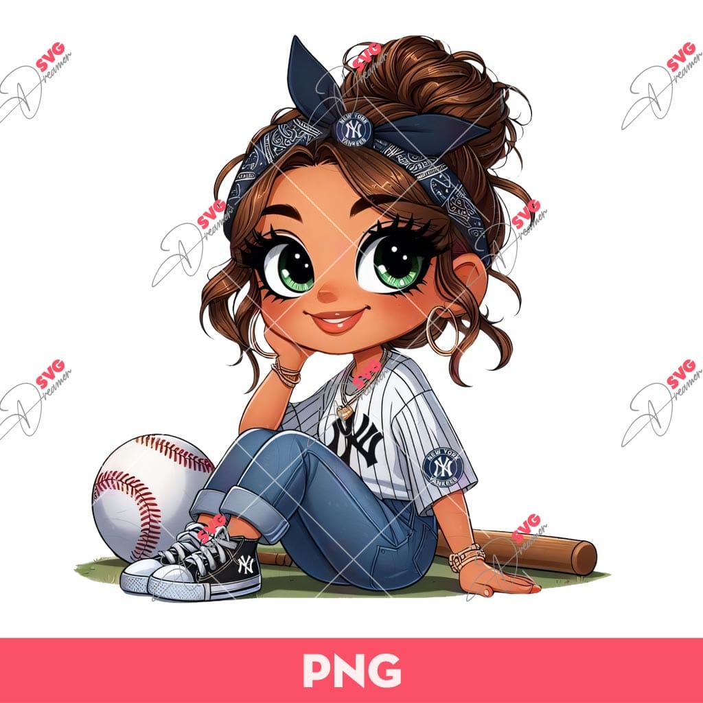 Bundle Cute Cartoon Girl Sport PNG, Bundle Cartoon Girl Fan Baseball Football Basketball, Bundle Cute Girl Sport (Over 50 Designs) 40 Cute Cartoon Girl Fan Yankees Baseball PNG, Messy Bun Girl Baseball PNG