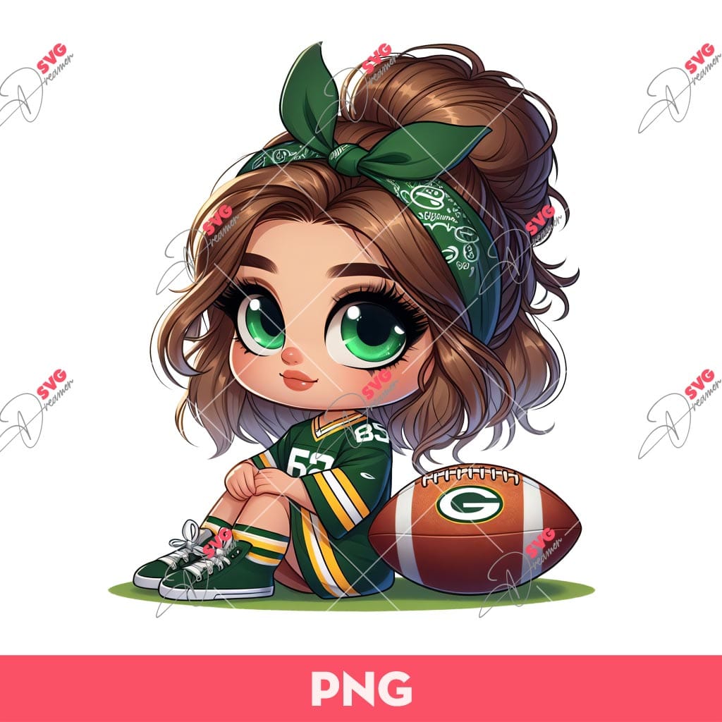 Bundle Cute Cartoon Girl Sport PNG, Bundle Cartoon Girl Fan Baseball Football Basketball, Bundle Cute Girl Sport (Over 50 Designs) 8 Cute Cartoon Girl Football Fan GB Packers PNG, Beautiful Girl Green Bay Packers PNG