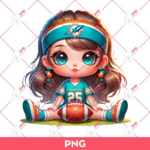 Cute Cartoon Girl Football Fan Miami Dolphins PNG, Little Girl Miami Dolphins NFL PNG