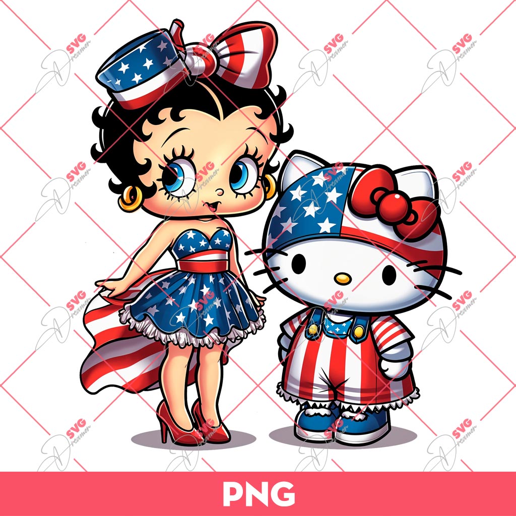 Bundle Cute Betty Boop PNG, Bundle Betty Boop Sport NBA MLB NFL (Over 50 Designs) 35 Betty Boop And Hello Kitty US Flag PNG, Independence Day PNG, 04th Of July PNG