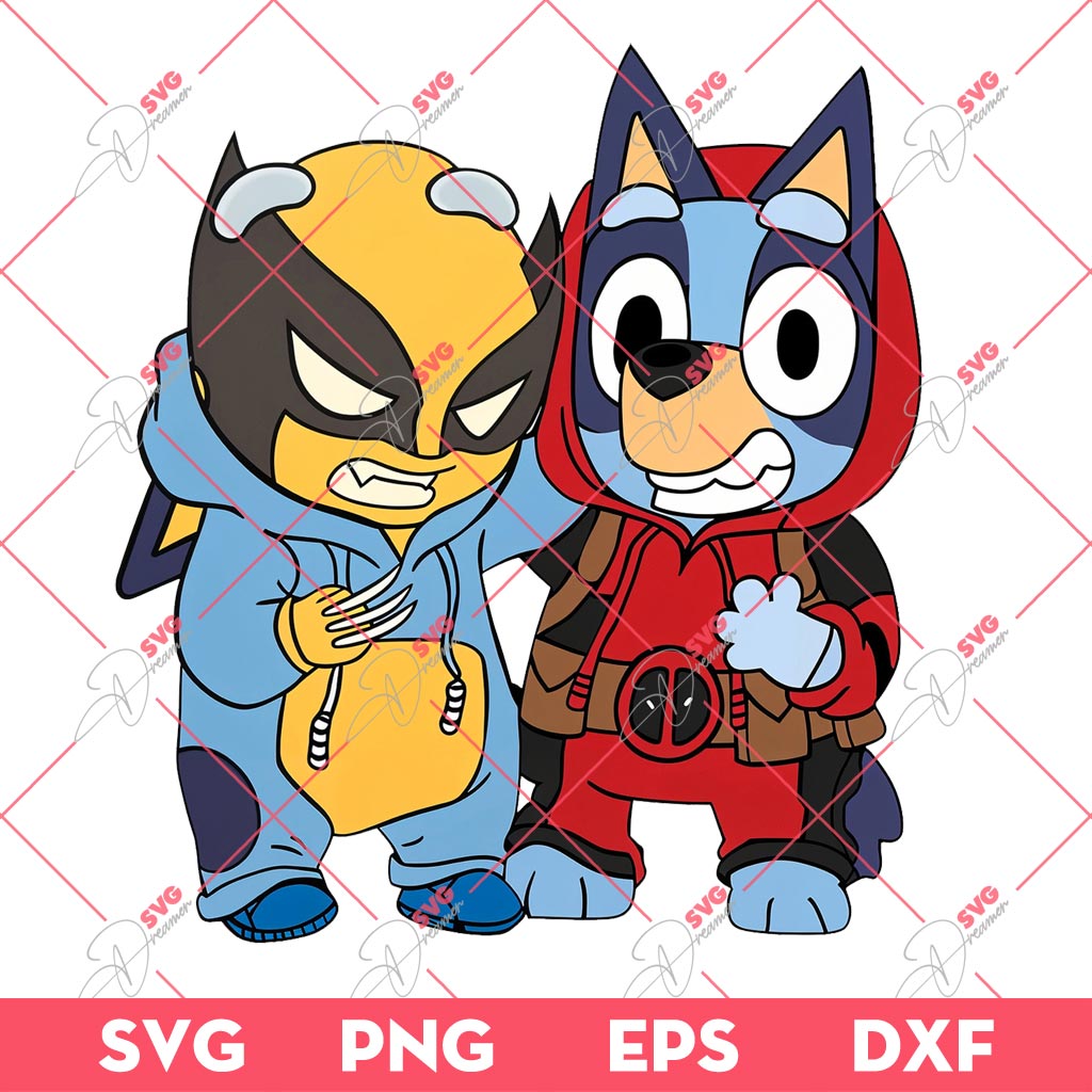 Bundle Bluey Stitch Deadpood Wolverine PNG, Bundle Deadpool Bluey Wolverine PNG 3 Bluey Deadpool And Wolverine SVG, Bluey Superhero SVG PNG, Bluey Movie Characters SVG PNG