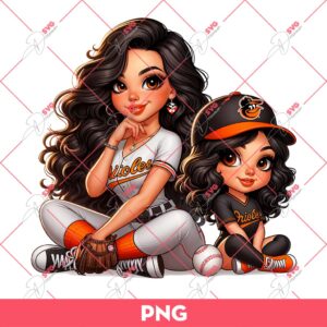 Chicana Mom And Daughter Baltimore Orioles PNG, Chicana Girl Baseball PNG, Latina Mom And Girl Orioles PNG
