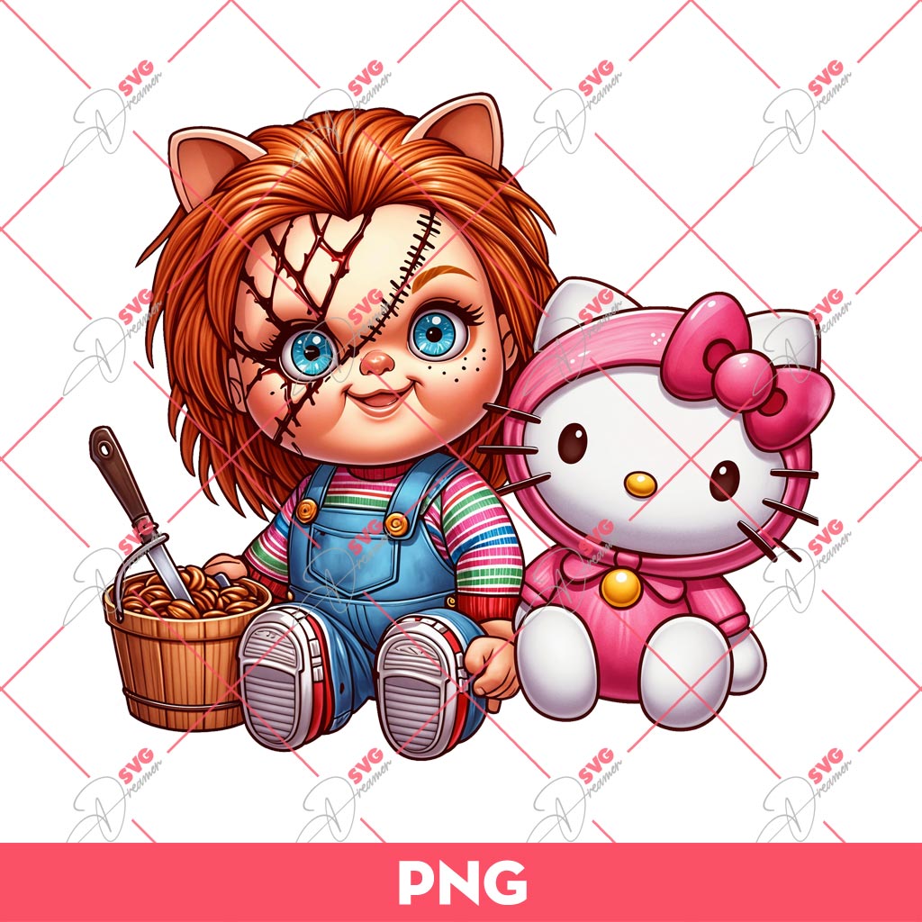 Bundle Hello Kitty Horror Killers Halloween PNG, Hello Kitty Horror Friends Movie PNG Bundle 36 Chucky Doll And Hello Kitty PNG, Cute Horror Character PNG