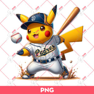Pikachu Padres MLB PNG, Pikachu San Diego Padres Baseball Player PNG, Pikachu Playing Baseball PNG