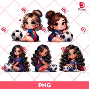 Bundle Cartoon Girl Barcelona Soccer PNG, Cute Girl Barcelona FC PNG Bundle (5 Designs)