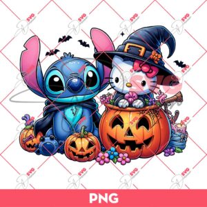 Stitch And Hello Kitty Witch Halloween PNG, Cartoon Characters Halloween PNG