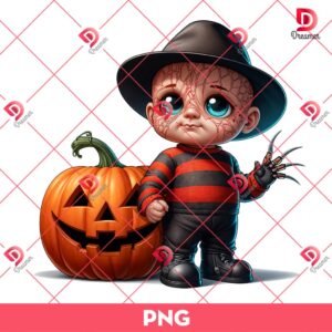 Baby Freddy Halloween PNG, Cute Freddy Krueger And Pumpkin PNG, Horror Character Halloween PNG