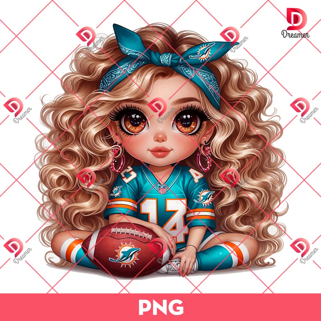 Bundle Miami Dolphins PNG Design, NFL DolphinsFootball PNG Bundle, Bundle NFL Team 25 Cute Cartoon Girl Miami Dolphins PNG, Cute Girl Football NFL PNG
