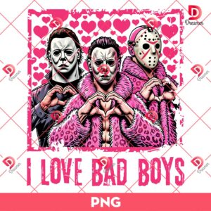 I Love Bad Boys PNG, Pink Horror Friends PNG, Scary Horror Characters Halloween PNG
