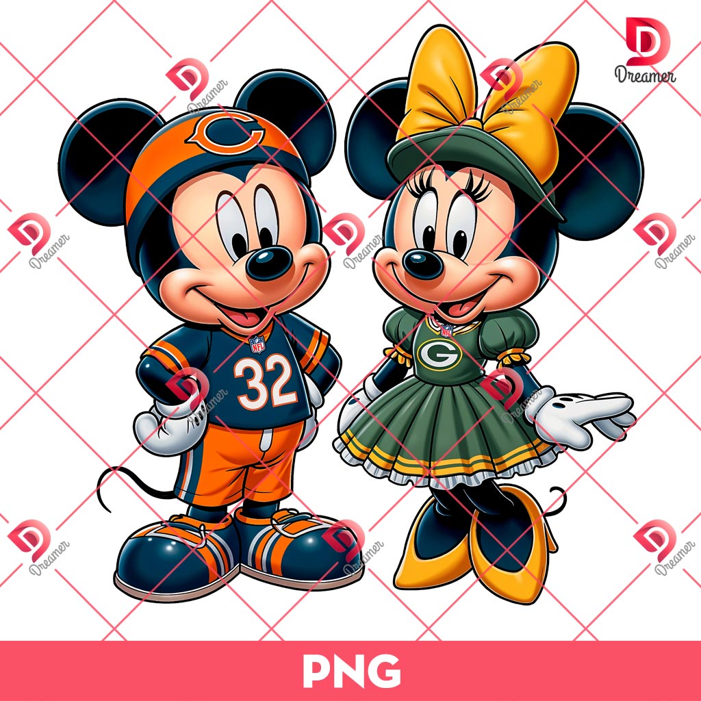 Bundle Green Bay Packers PNG Design, NFL Packers Football PNG Bundle, Bundle NFL Cartoon Football 50 Minnie Green Bay Packers And Mickey Chicago Bears PNG, Disney Mouse NFL Football PNG