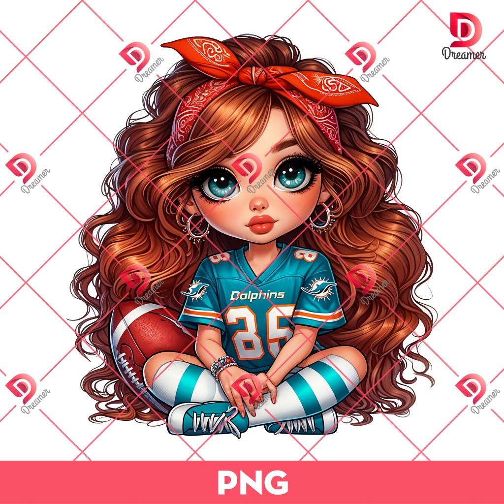 Bundle Miami Dolphins PNG Design, NFL DolphinsFootball PNG Bundle, Bundle NFL Team 26 Red Hair Cute Cartoon Girl Miami Dolphins PNG, Cute Girl NFL Football PNG