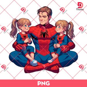 Superhero Spiderman Dad With Daughters PNG, Superhero Dad PNG