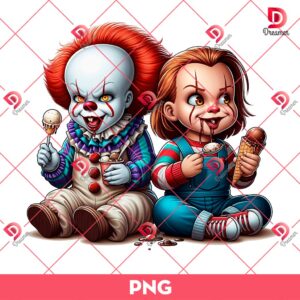 Baby Pennywise And Chucky Doll Eating Ice Cream PNG, Horror Characters PNG, Funny Horror Halloween PNG