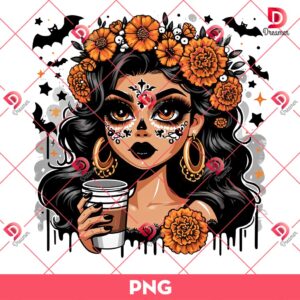 Catrina And Cafecito PNG, Catrina Coffee Halloween PNG