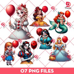 Disney Princess Pennywise PNG Bundle, Horror Characters x Disney Princess PNG Bundle