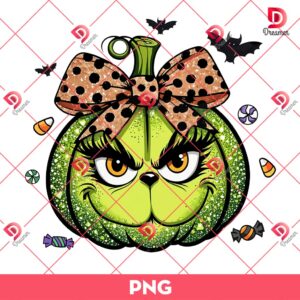 Glitter Grinch Pumpkin PNG, Pumpkin Grinch Coquette Bow PNG