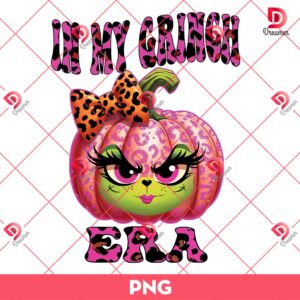 In My Grinch Era PNG, Pink Leopard Pumkin Grinch Face PNG, Grinch Pumpkin Halloween Christmas PNG