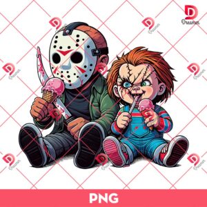 Jason Voorhees And Chucky Eating Ice Cream PNG, Horror Killers Ice Cream Cone Halloween PNG