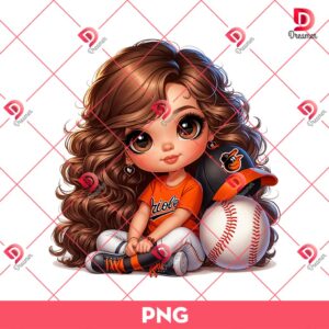 Baltimore Orioles Cartoon Girl PNG, Cute Girl MLB Baseball PNG, Baseball Girl Fan PNG