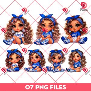 Bundle Baby Chicana LA Dodgers PNG, Cute Baby Cartoon Girl Los Angeles Dodgers PNG Bundle