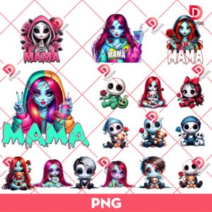 Bundle Mama Horror Nightmare And Children PNG, Horror Mama Halloween PNG, Jack And Sally Nightmare Children Bundle PNG