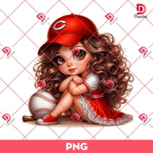 Cincinnati Reds Cartoon Girl PNG, Cute Girl MLB Baseball PNG, Baseball Girl Fan PNG