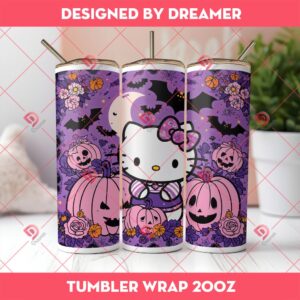 Hello Kitty Halloween Tumbler Wrap PNG, Halloween Cute Hello Kitty And Jack O Latern Tumbler 20oz PNG