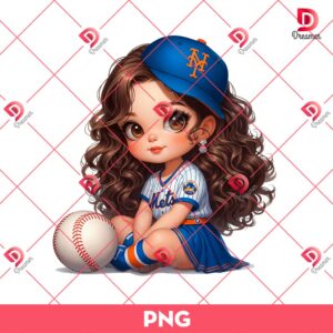 New York Mets Cartoon Girl PNG, Cute Girl MLB Baseball PNG, Baseball Girl Fan PNG