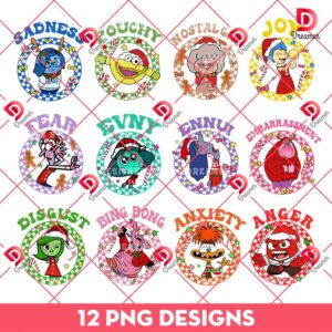 Bundle Inside Out Checkered Christmas PNG, Merry Christmas Inside Out Characters Bundle PNG