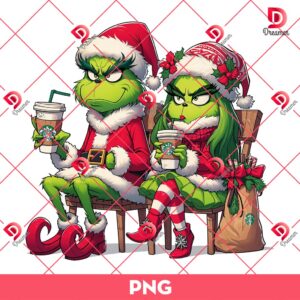 Grinch Couple Drinks Starbucks Coffee PNG, Merry Grinchmas PNG, Couple Grinchy Christmas Coffee PNG