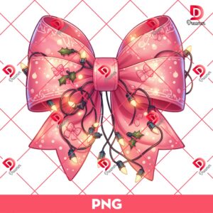 Pink Coquette Bow Christmas Lights PNG, Retro Coquette Christmas PNG
