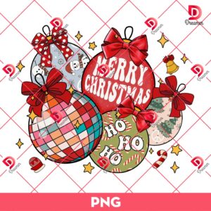 Retro Christmas Ornaments PNG, Christmas Coquette Bow PNG, Merry Christmas Ho Ho Ho PNG