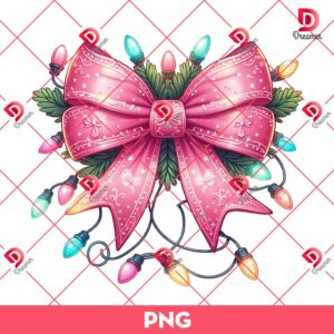 Vintage Pink Coquette Christmas Lights PNG, Retro Christmas Coquette Bow PNG