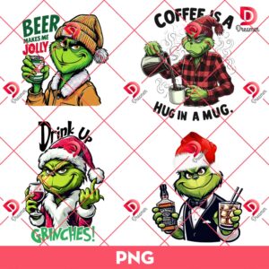 Bundle Grinch Drinks Coffee PNG, Grinch Christmas Drinks Beer PNG Bundle