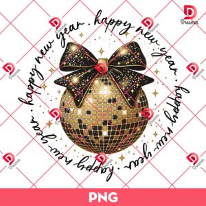 Happy New Year 2025 PNG, Black And Gold Glitter Disco Ball PNG